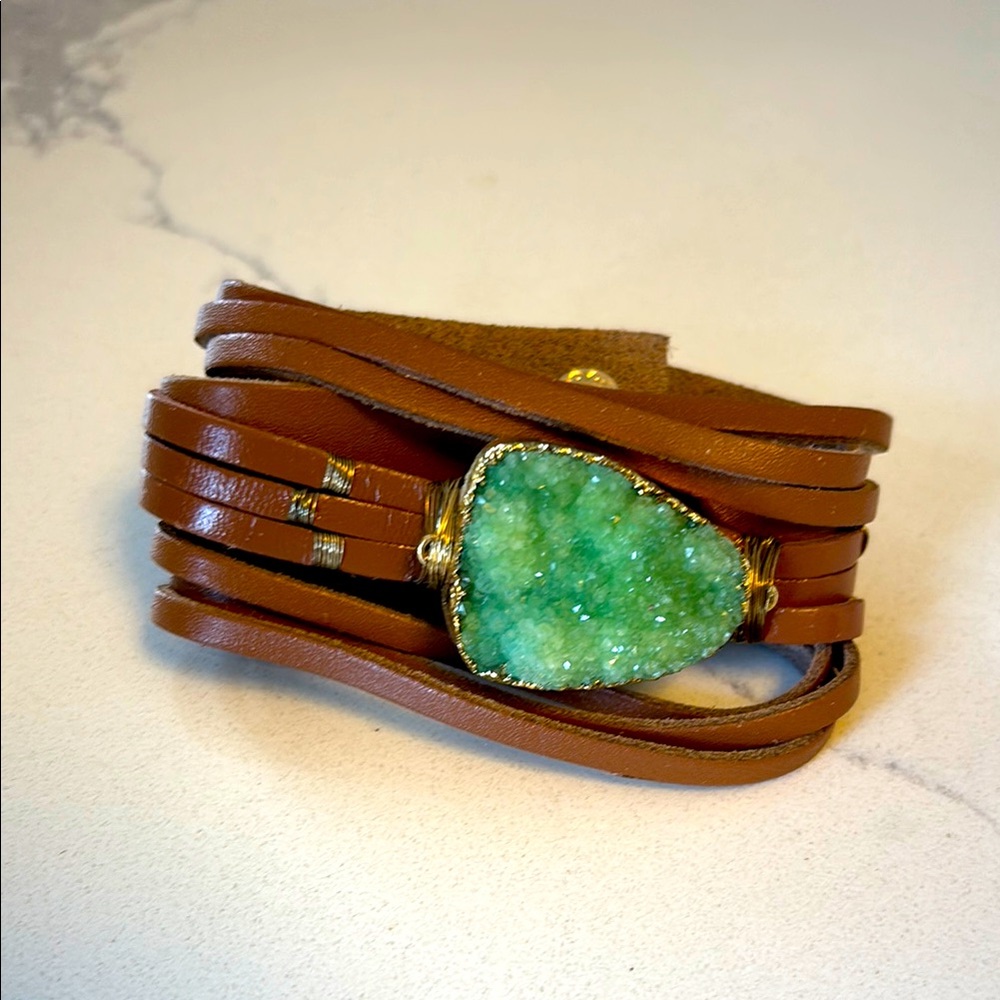 Anthropologie Bansri Green Agate Stone Leather Wrap Bracelet